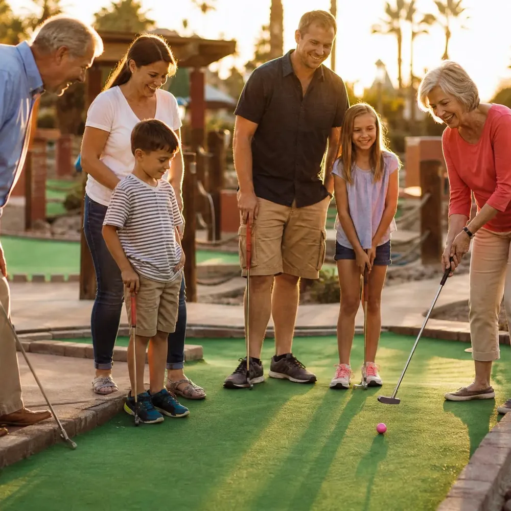 Gator Golf mini golf in Mandeville, LA — family playing a round at Brooks Bike Shop
