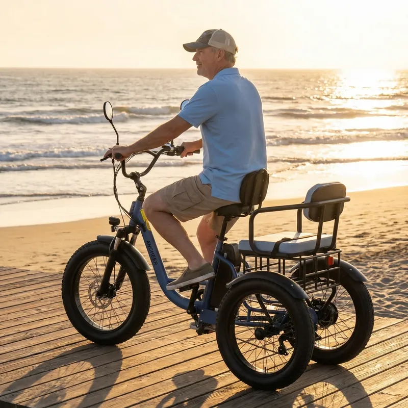 Electric trike rentals at Brooks Bike Shop Slidell, LA — rider on a three-wheel e-trike at sunset